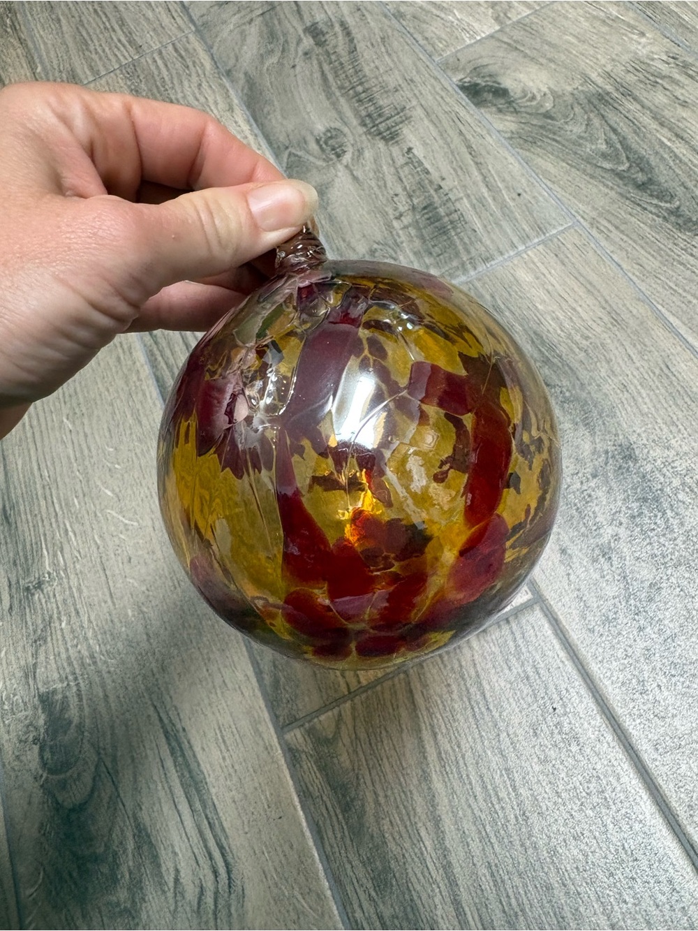 Vintage Hand Blown Art Glass Ornament Amber Red Multicolor Round Ball